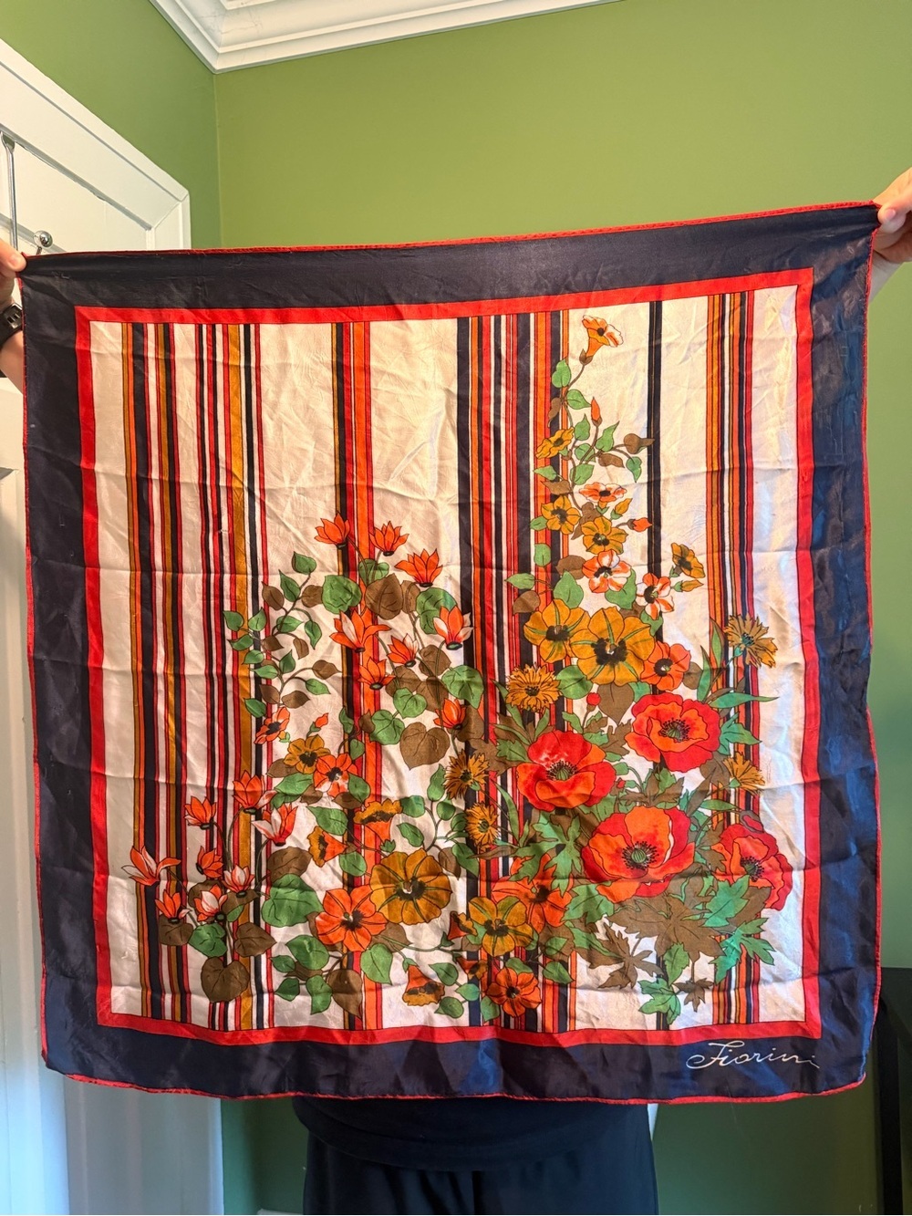 Fiorini Floral Silk Stripe scarf in Navy & Red by fiorini